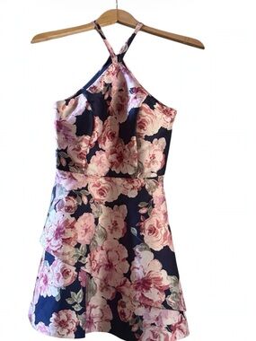 New luxury fabric Floral Halter Fit-and-Flare Dress - Navy & Pink